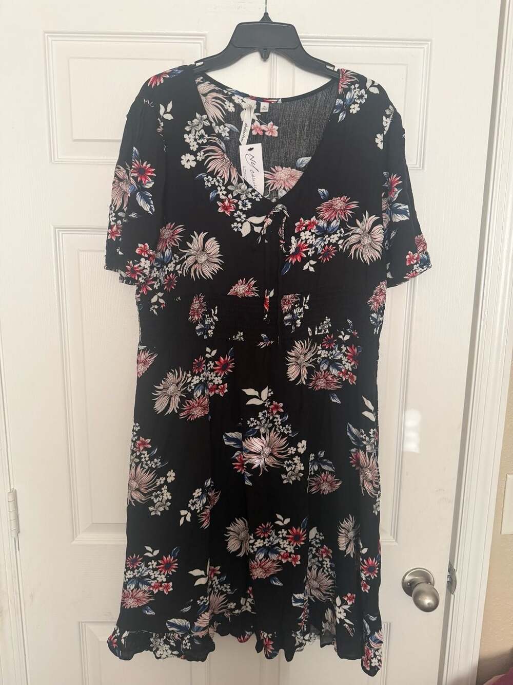 NY Collection Black Floral Print Tie Front Ruffle Hem Dress - Picture 2 of 6